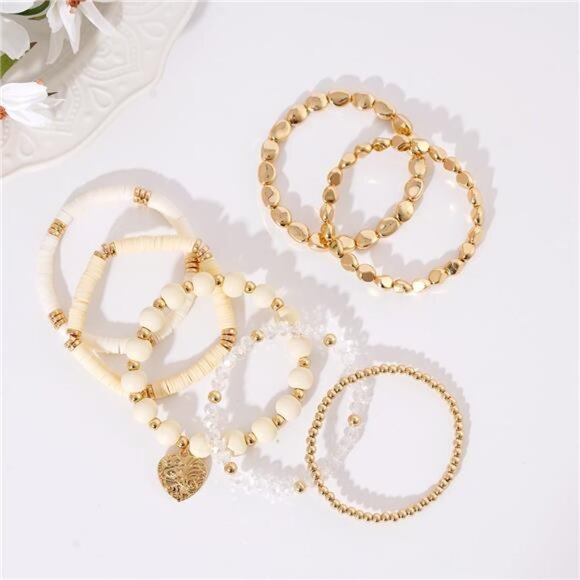 Womens Boho Beaded Bracelets Stackable Clay Surfer Stretch Gold Layering Jewelry - Picture 3 of 8